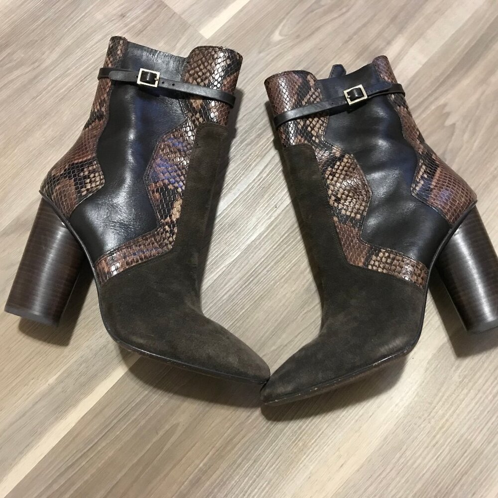 Tory Burch Ladies Python Snake Embossed Brown Leather Suede Boot Size 9.5